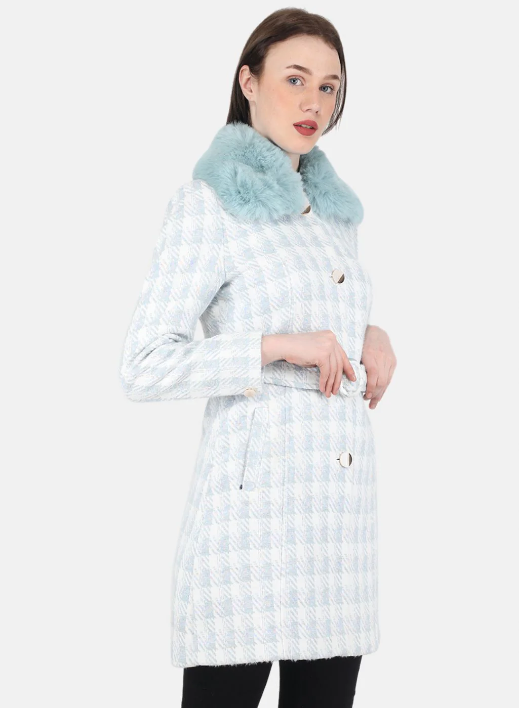 Women Blue Check Coat - Image 5