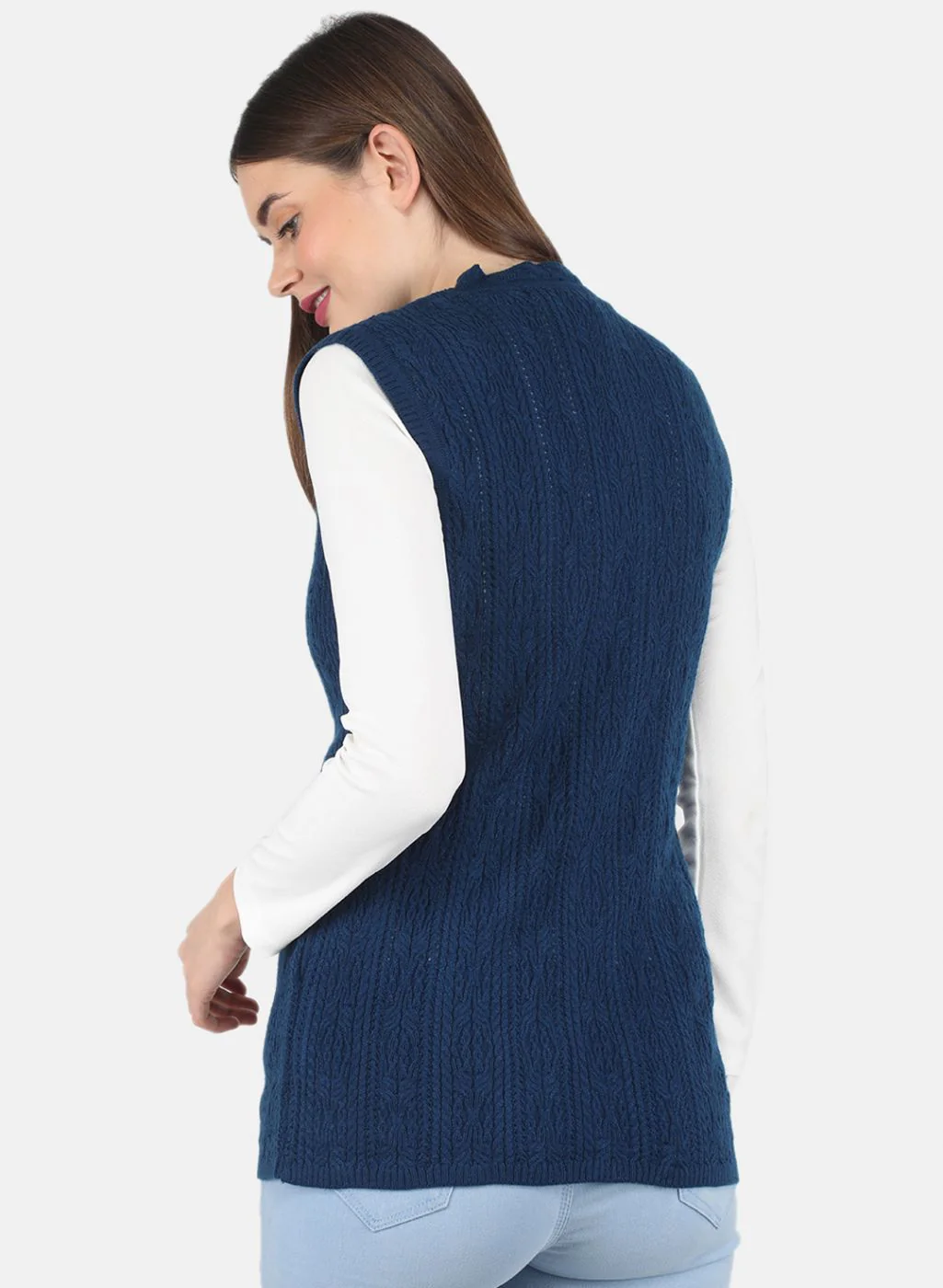 Women Blue Self design Cardigan - Image 3