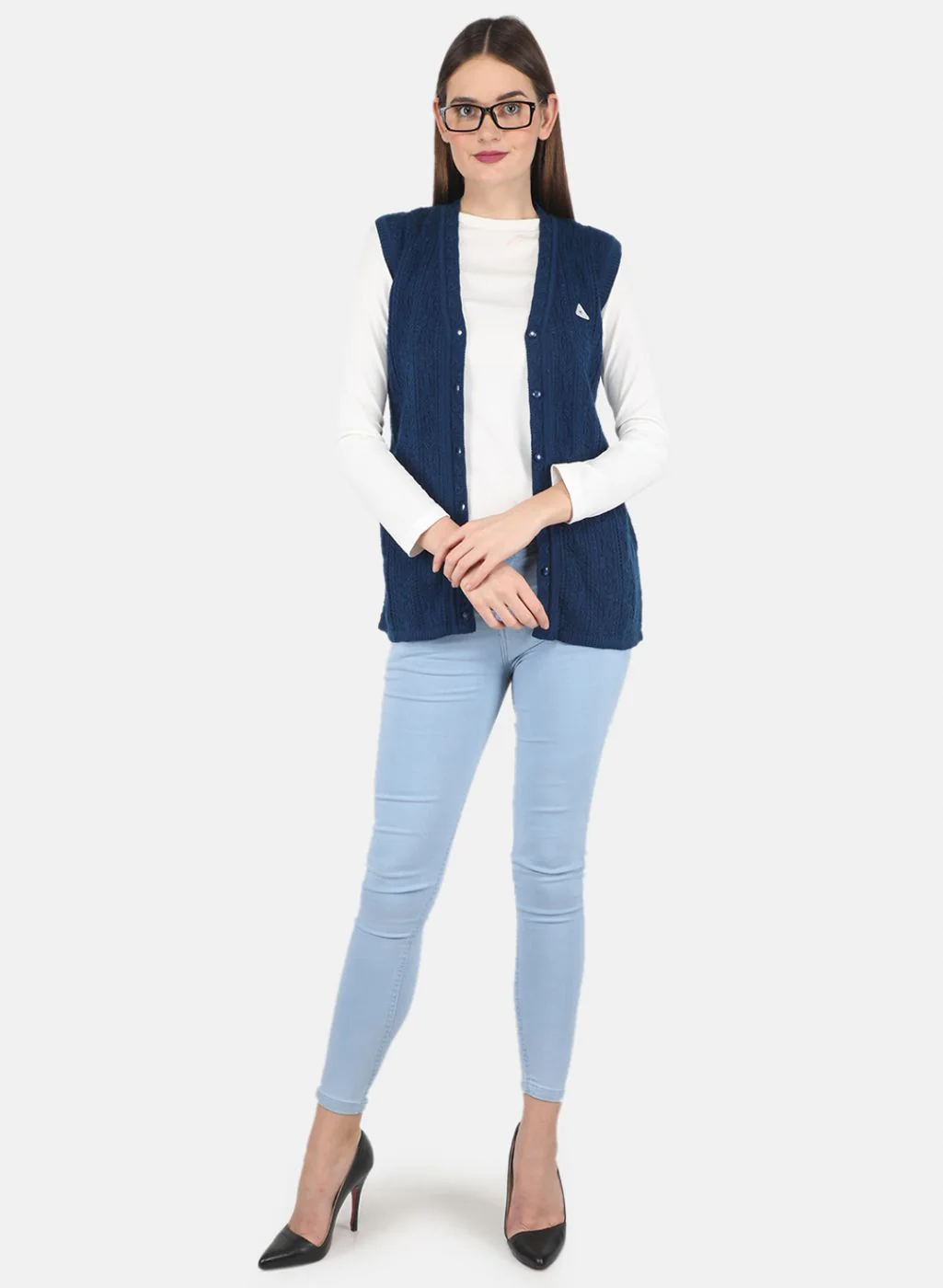 Women Blue Self design Cardigan - Image 4