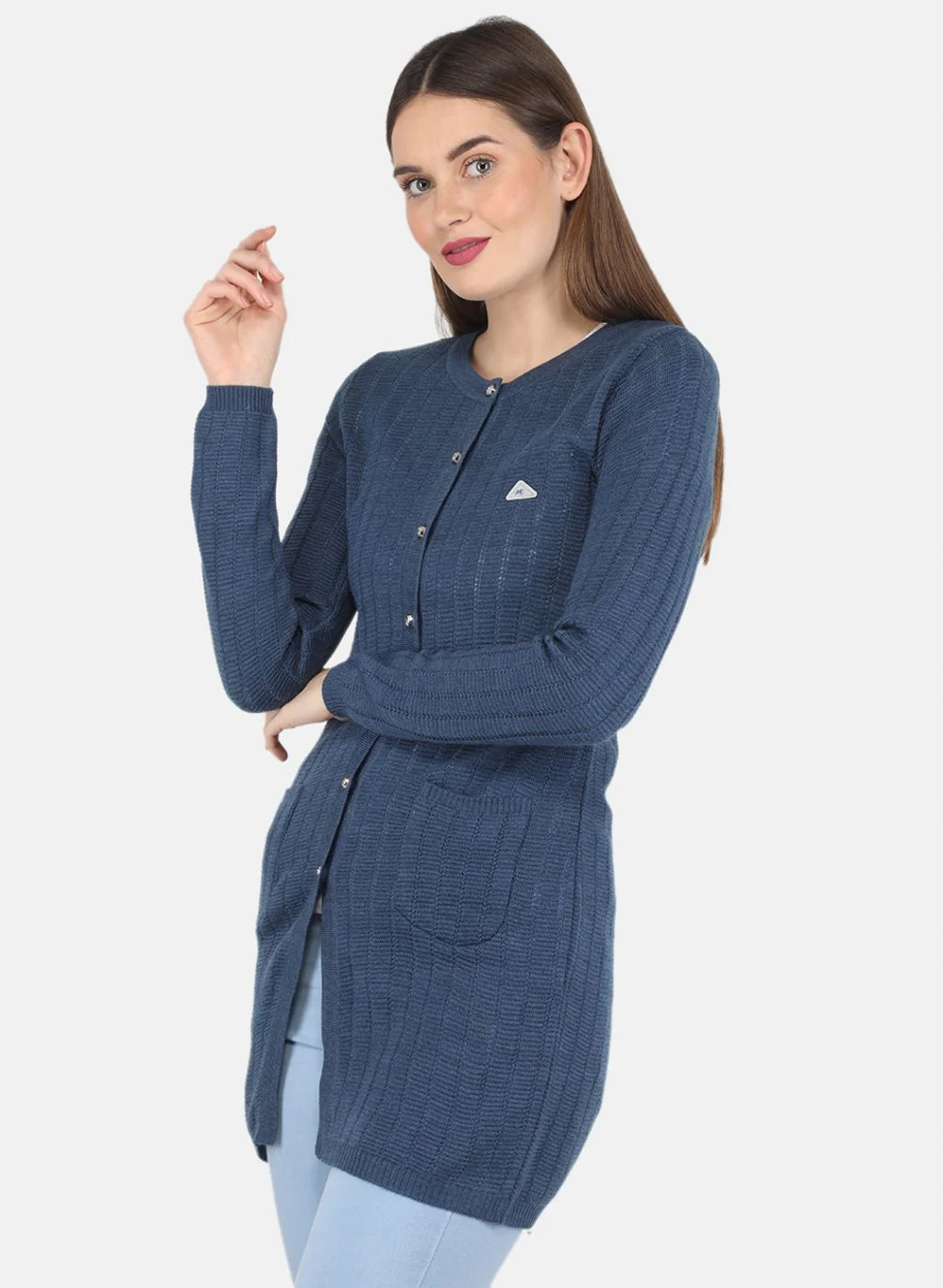 Women Blue Self design Cardigan - Image 2