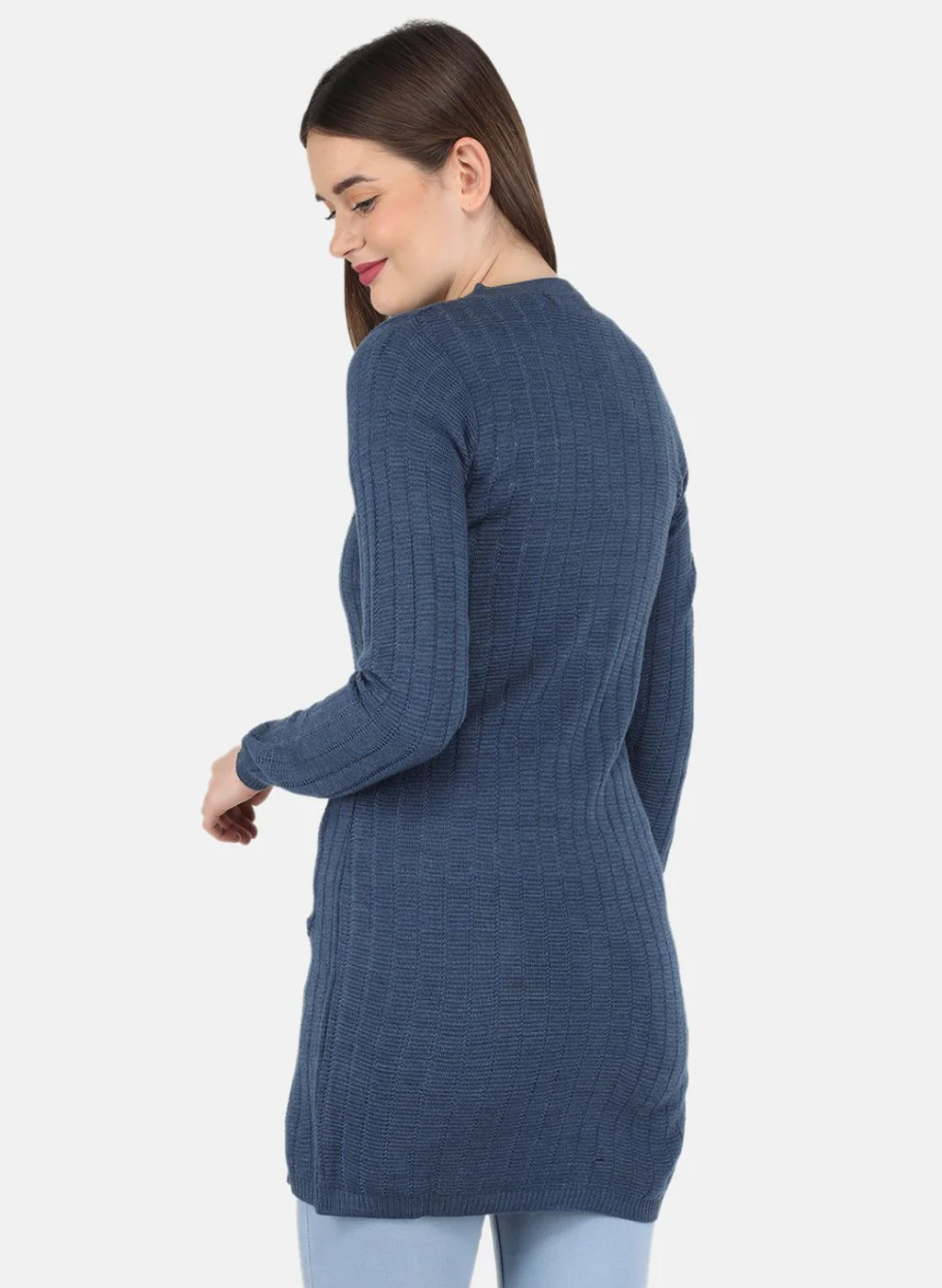 Women Blue Self design Cardigan - Image 3