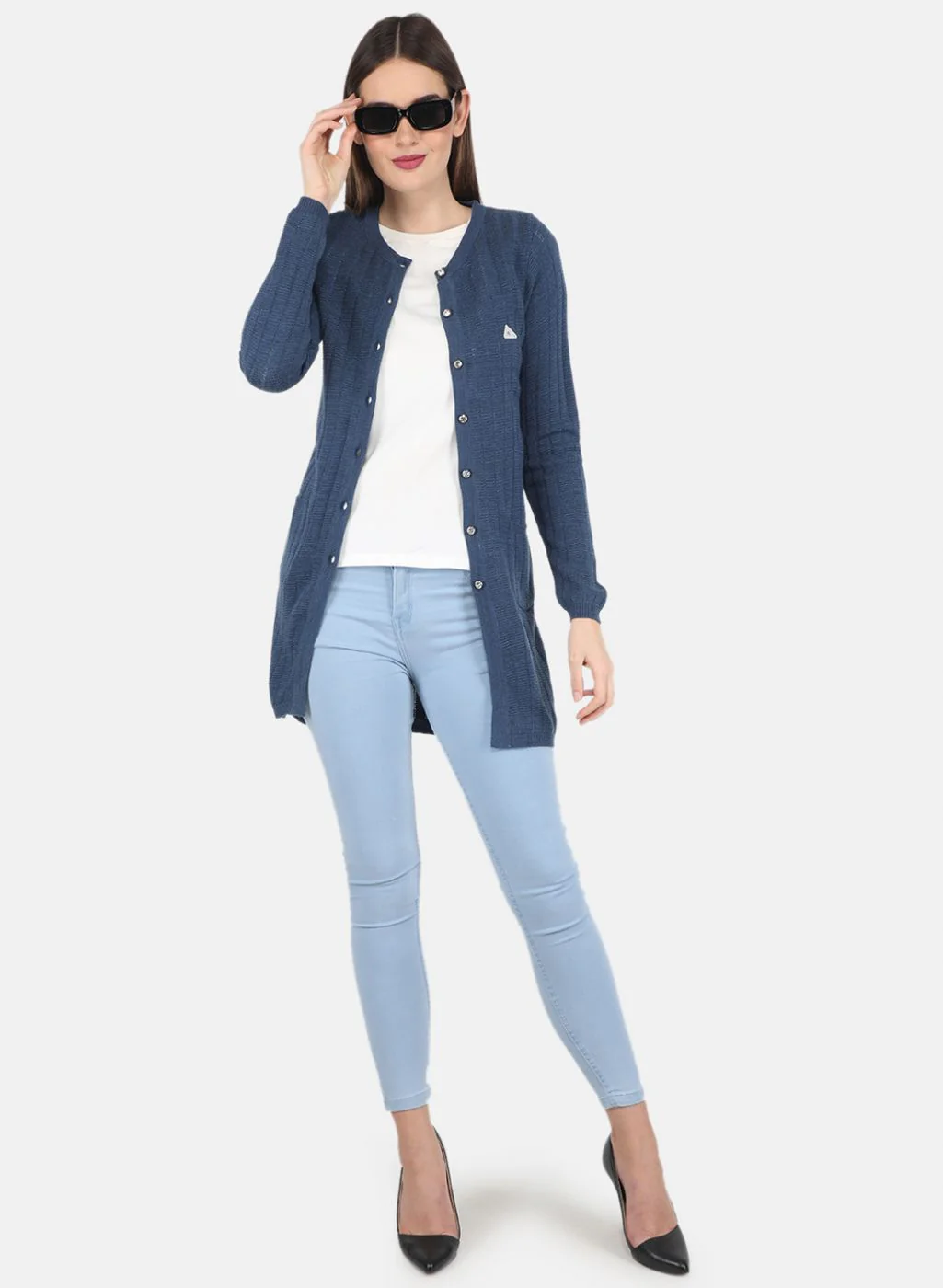 Women Blue Self design Cardigan - Image 4