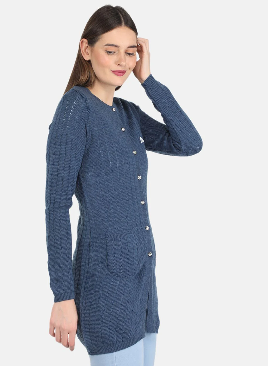 Women Blue Self design Cardigan - Image 6