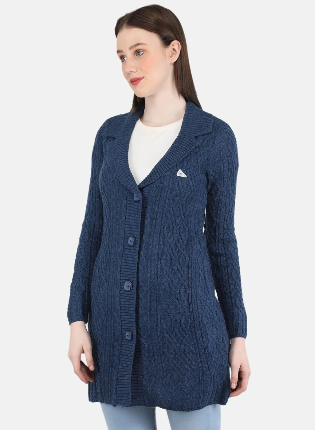 Women Blue Self Design Cardigan - Image 2