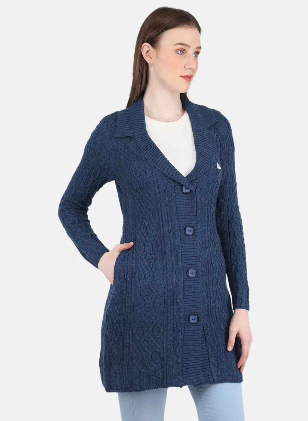 Women Blue Self Design Cardigan - Image 6