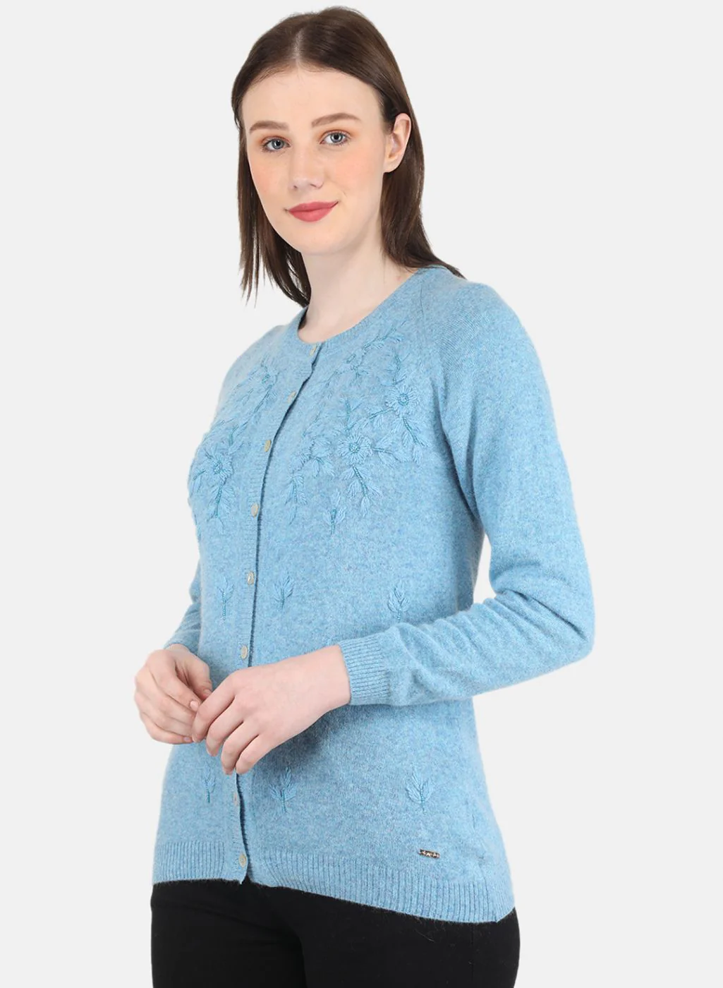 Women Blue Self Design Cardigan - Image 2