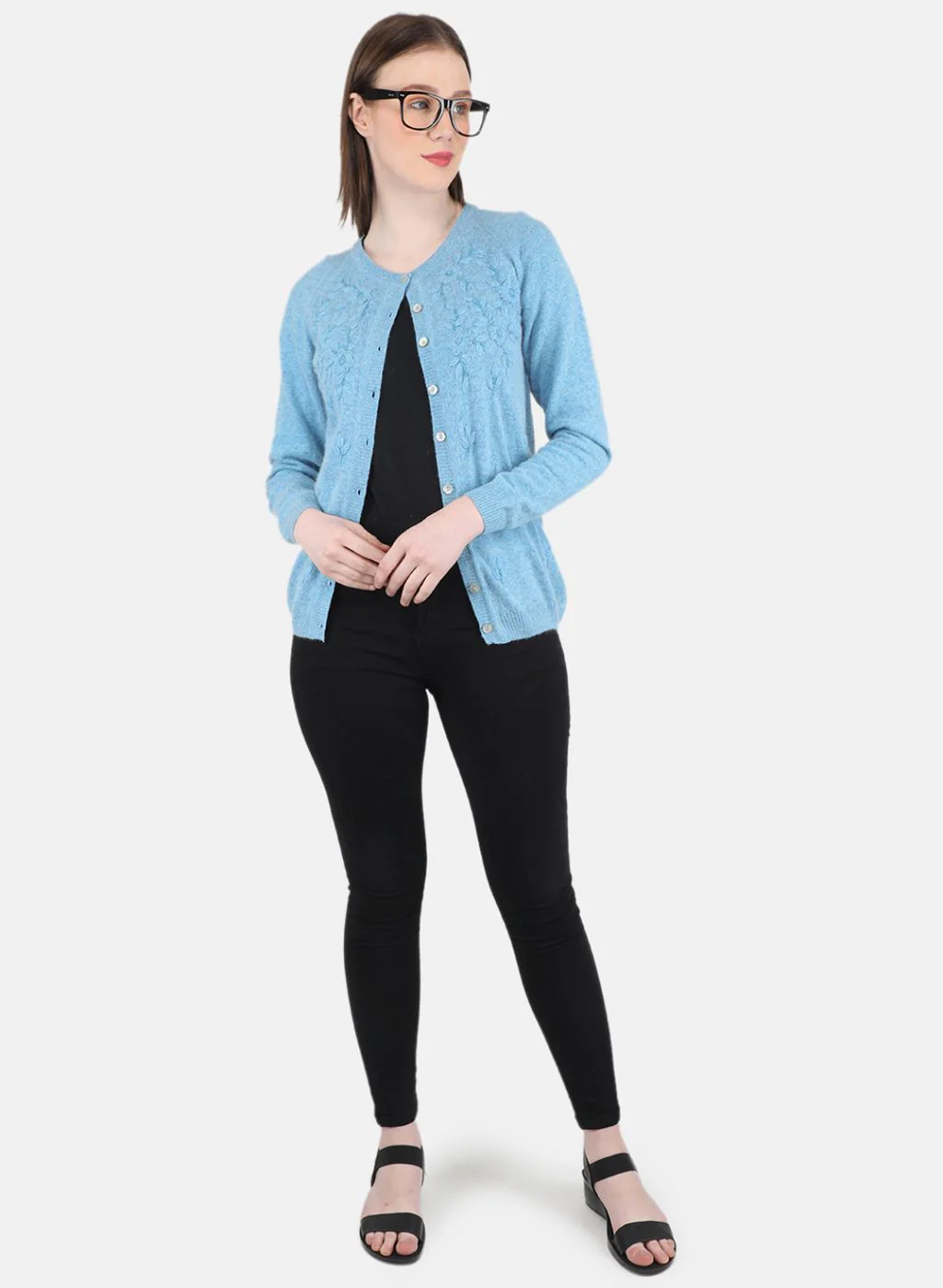 Women Blue Self Design Cardigan - Image 4