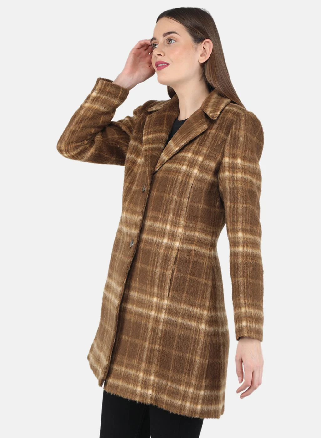 Women Brown Check Coat - Image 2