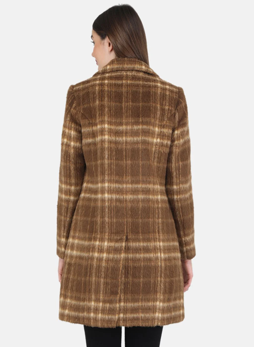 Women Brown Check Coat - Image 3