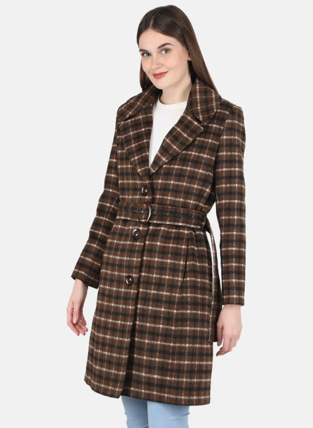 Women Brown Check Coat - Image 2
