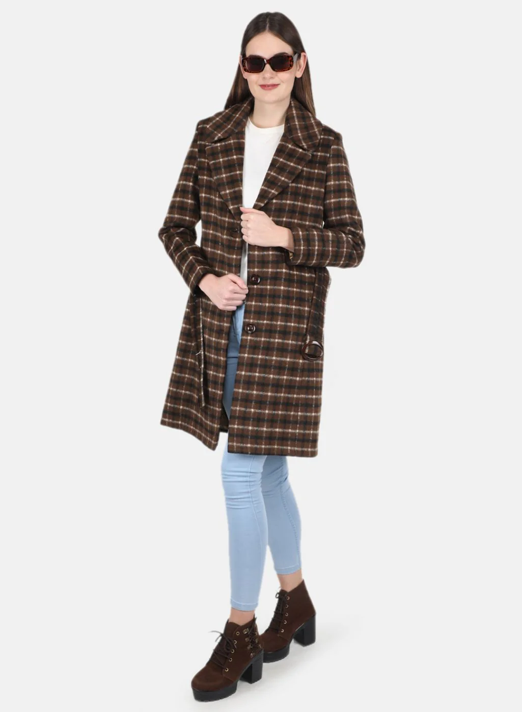 Women Brown Check Coat - Image 4