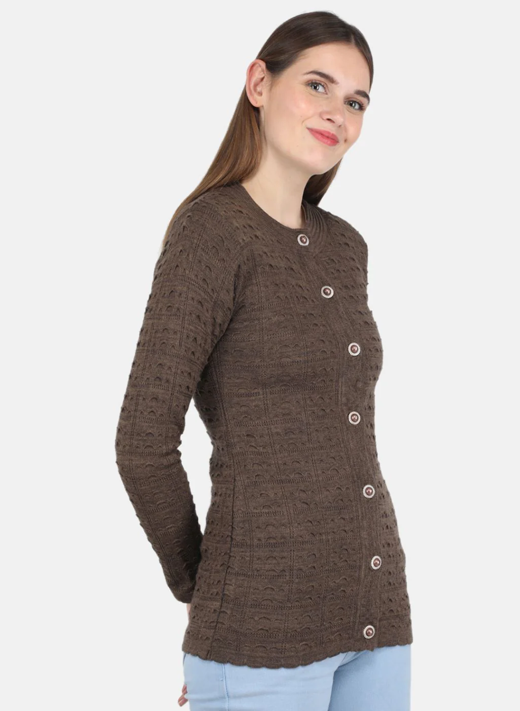 Women Brown Self design Cardigan - Image 6