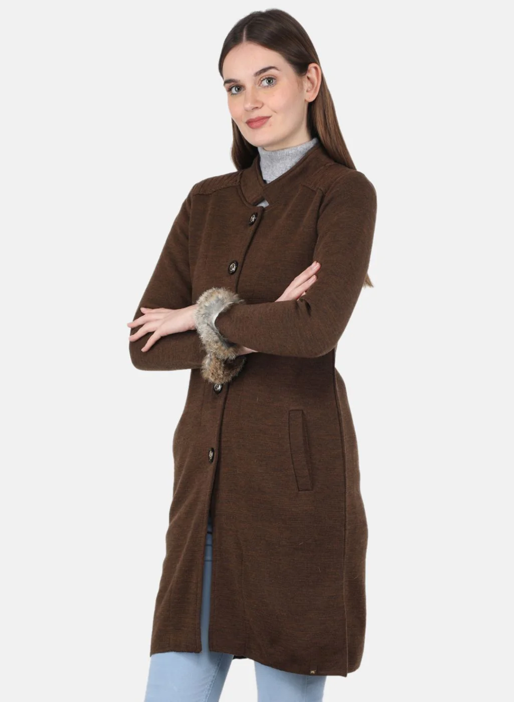Women Brown Self Design Coat - Image 2