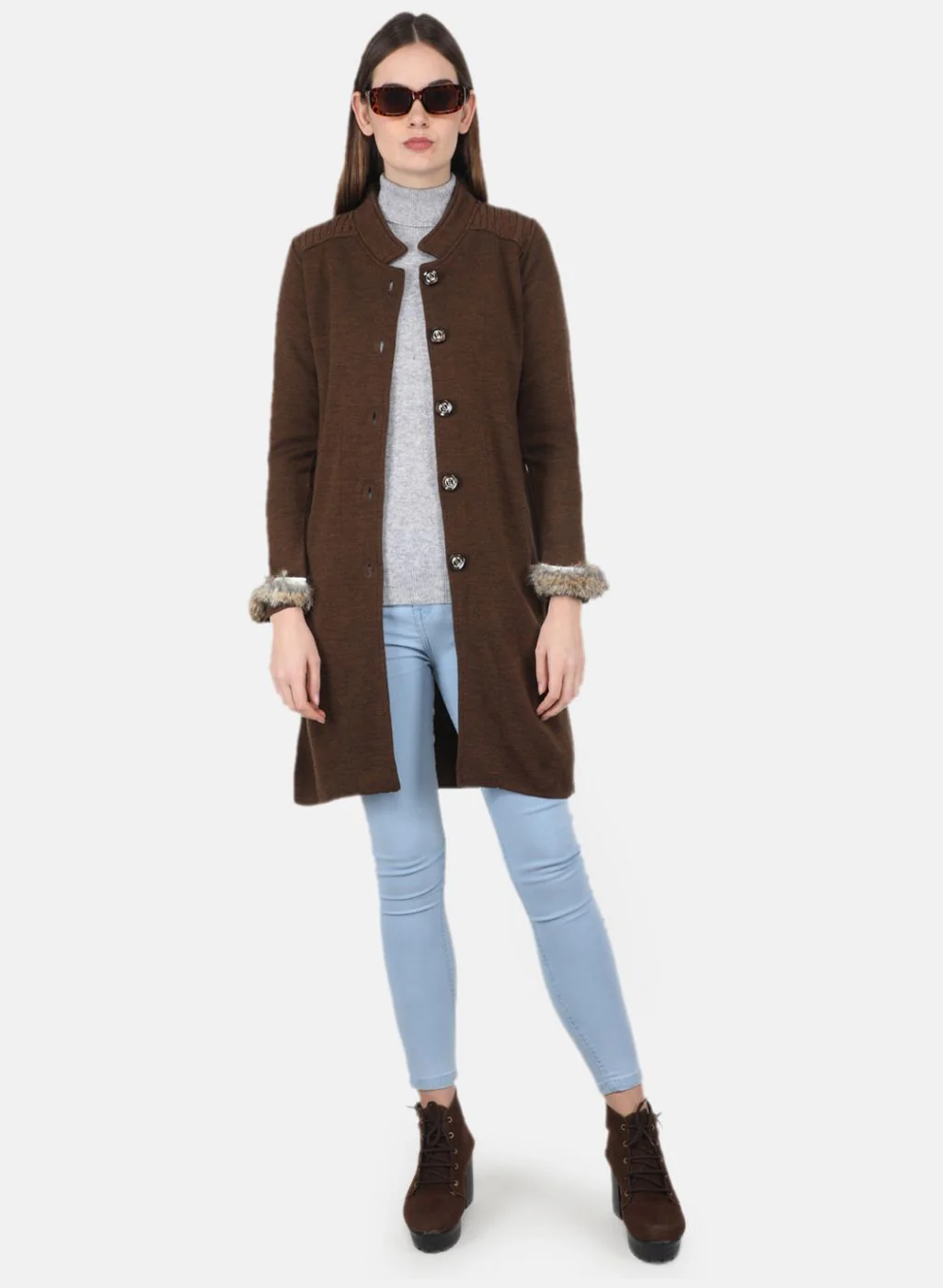 Women Brown Self Design Coat - Image 4