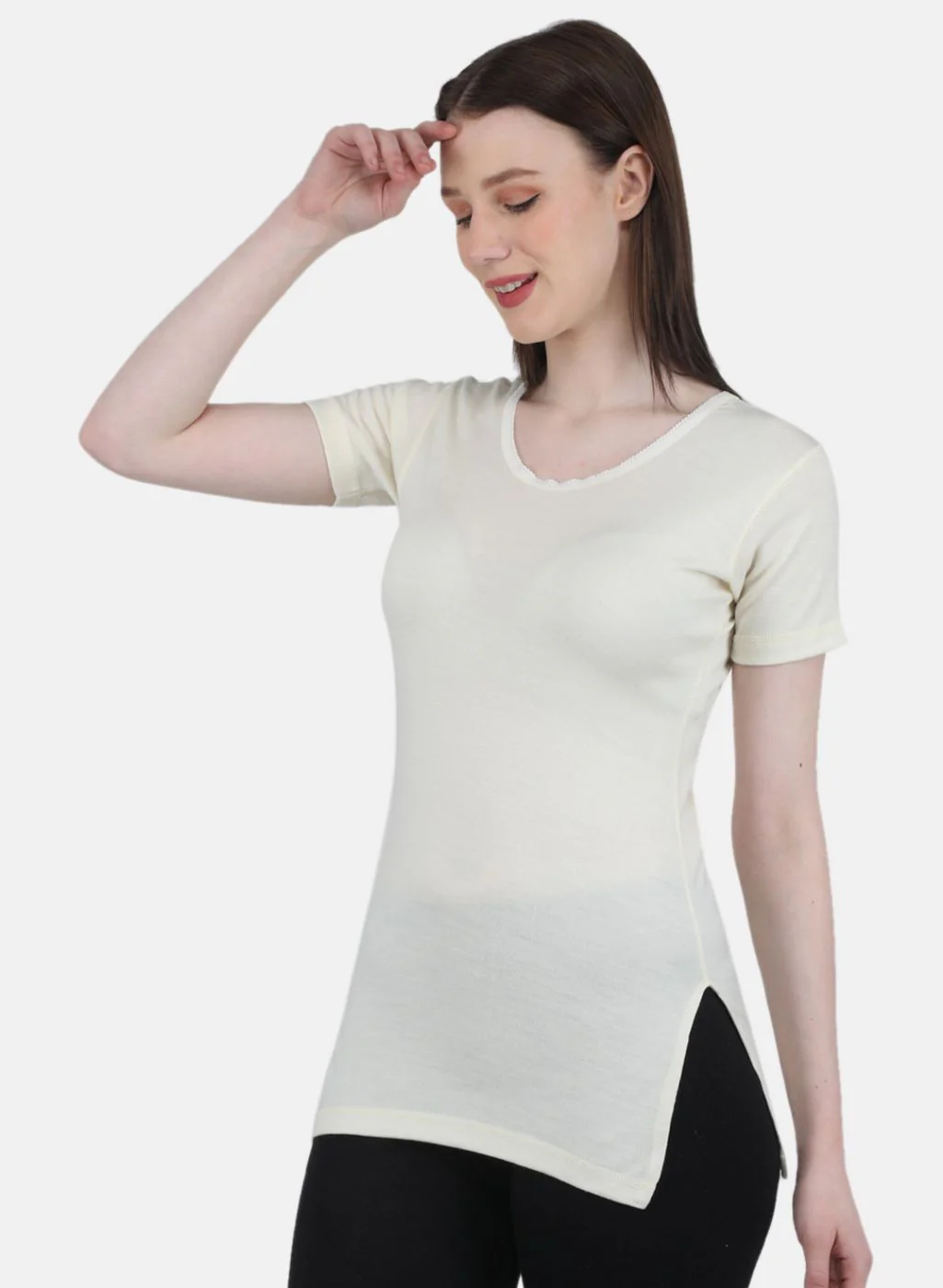 Women Cream Solid Thermal Vest - Image 2