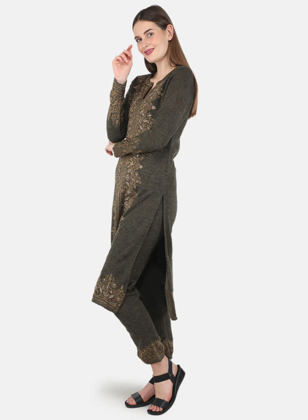 Women Green Kurti+Lower Set for Winter - Image 2