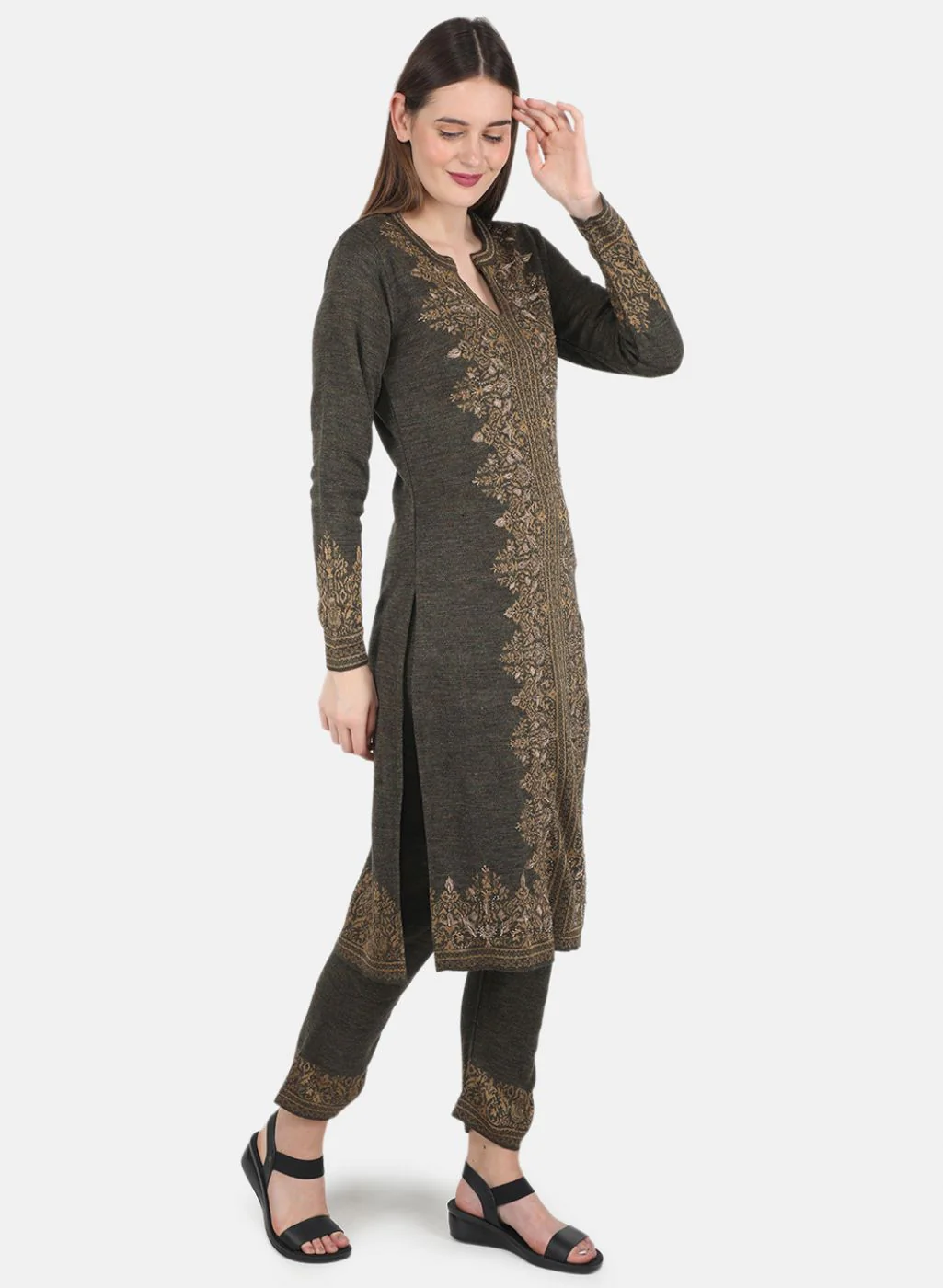 Women Green Kurti+Lower Set for Winter - Image 4
