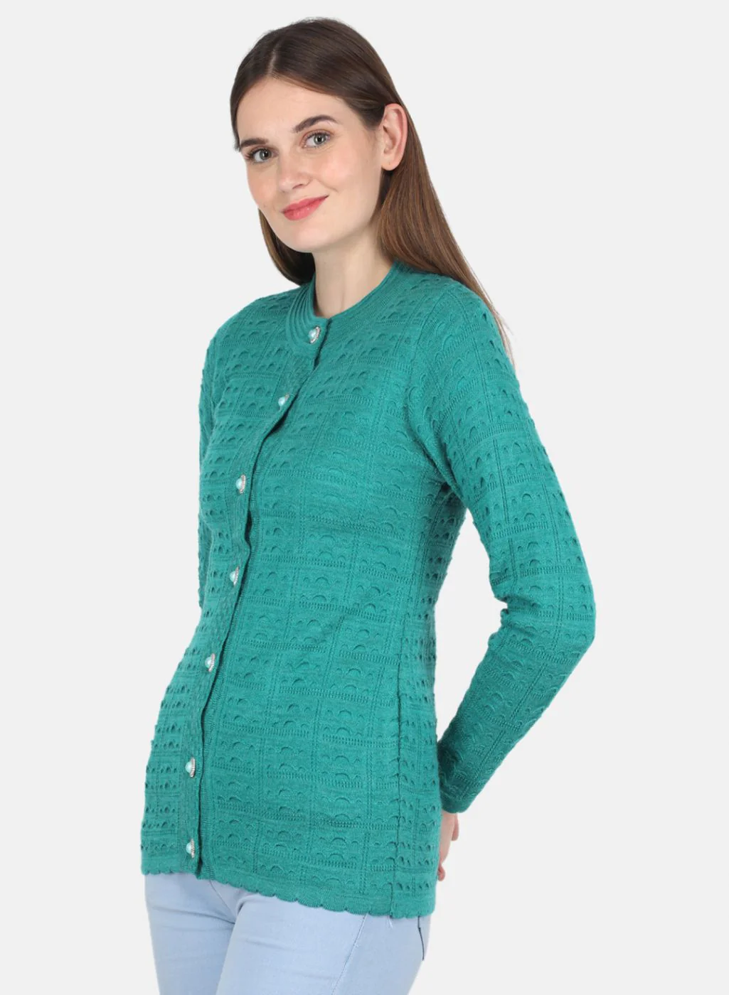 Women Green Self design Cardigan - Image 2