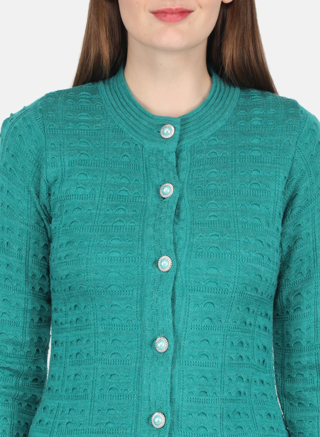 Women Green Self design Cardigan - Image 5