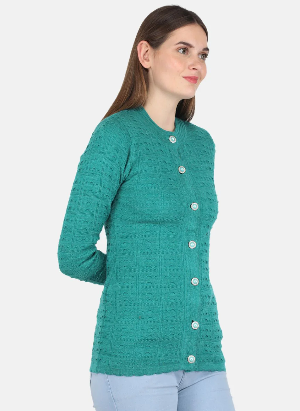 Women Green Self design Cardigan - Image 6