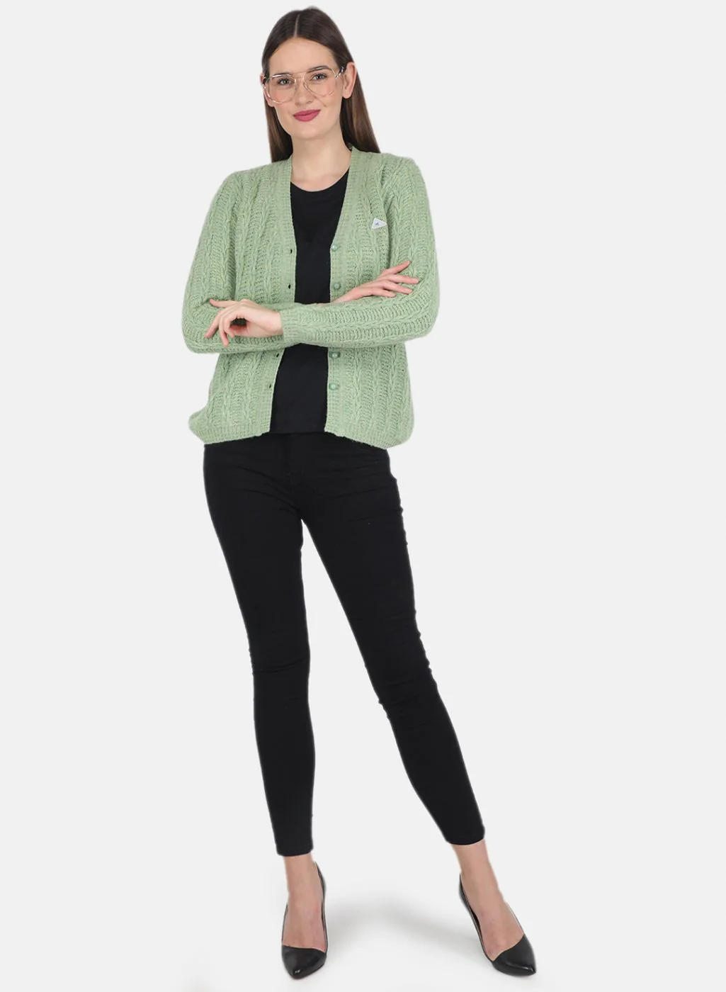 Women Green Self design Cardigan - Image 4