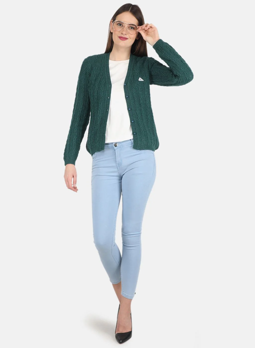 Women Green Self design Cardigan - Image 4