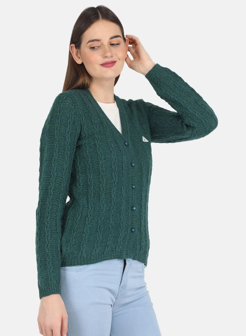 Women Green Self design Cardigan - Image 6