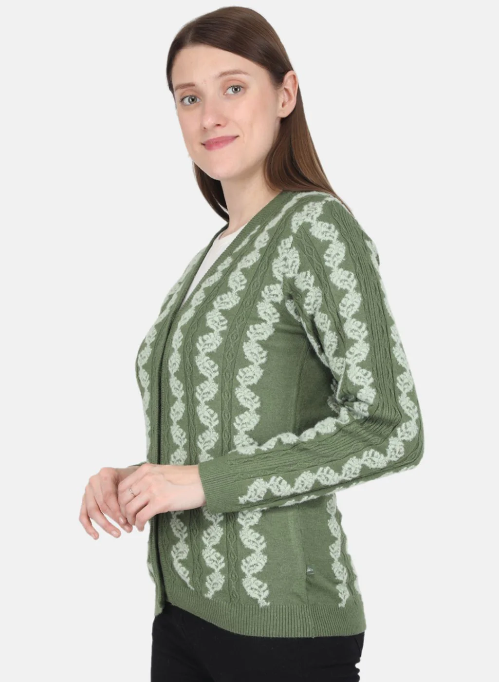 Women Green Self design Cardigan - Image 2