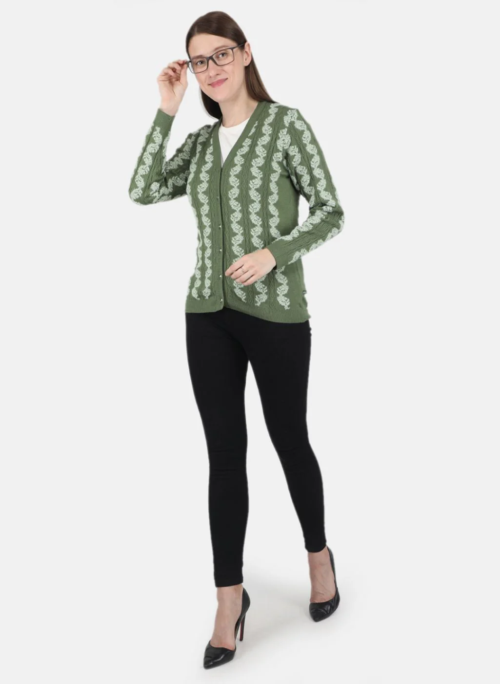Women Green Self design Cardigan - Image 4