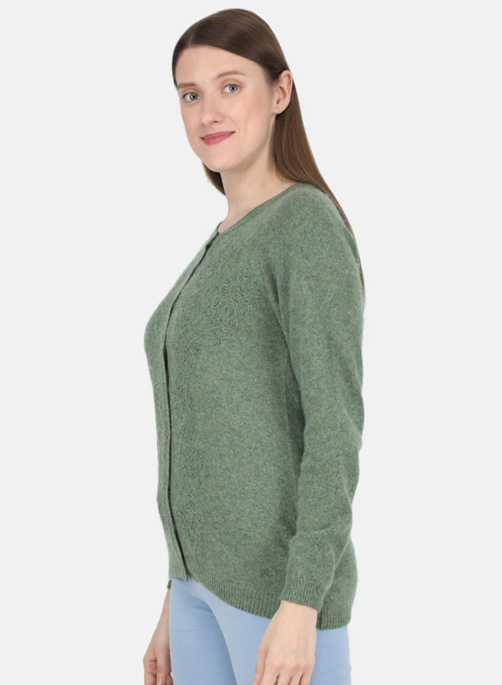 Women Green Self design Cardigan - Image 2