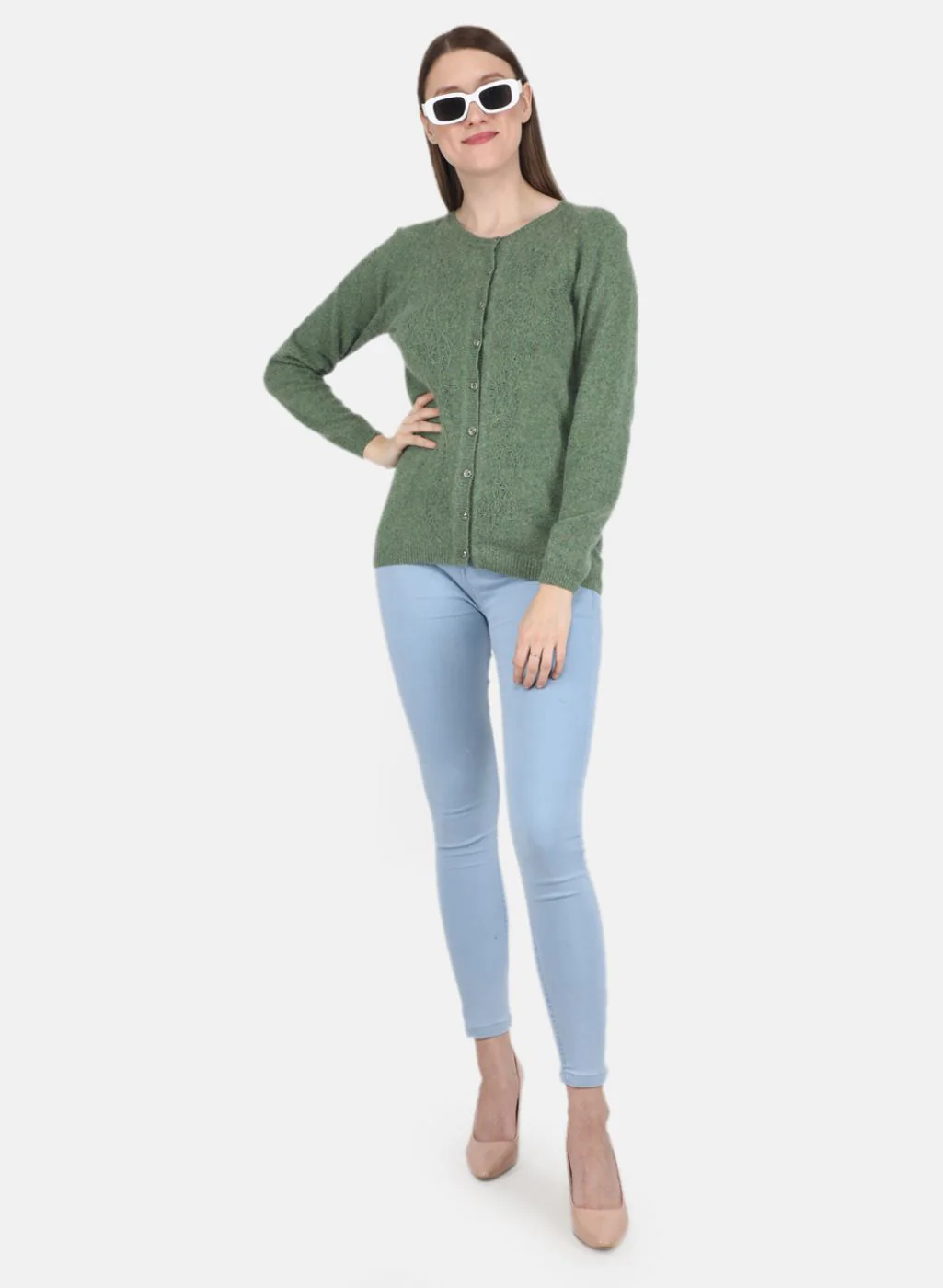 Women Green Self design Cardigan - Image 4