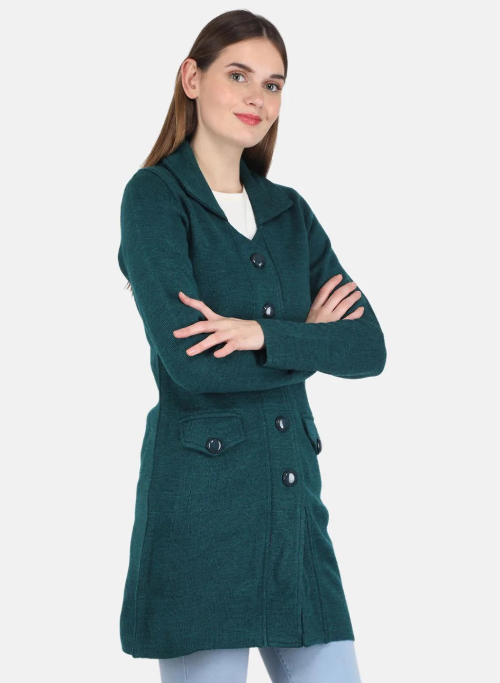 Women Green Self design Coat - Image 6