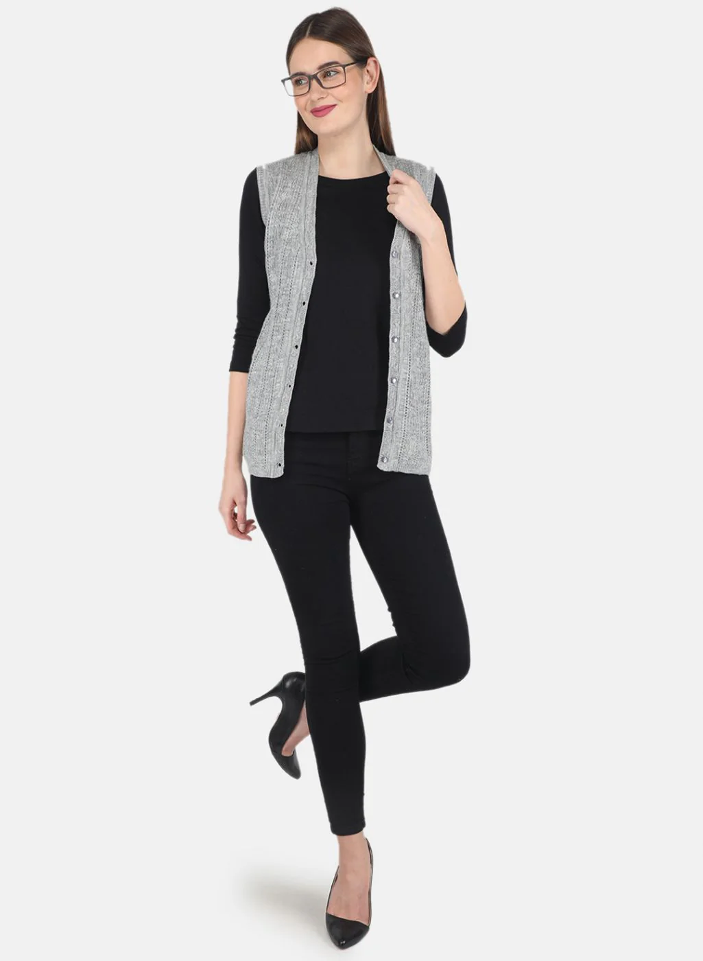 Women Grey Self design Cardigan - Image 4