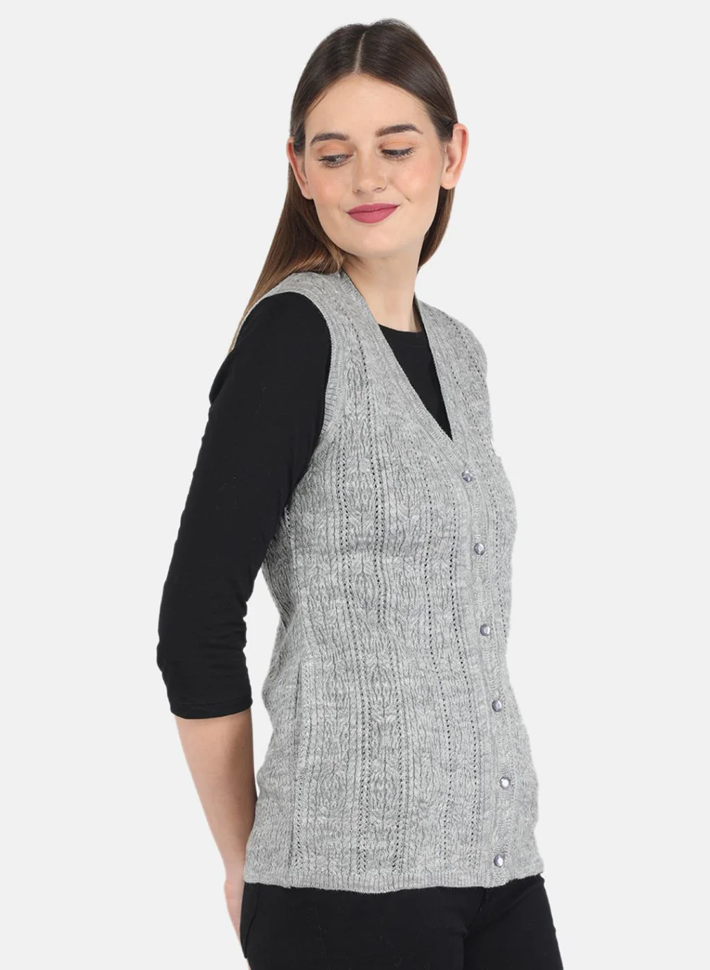 Women Grey Self design Cardigan - Image 6