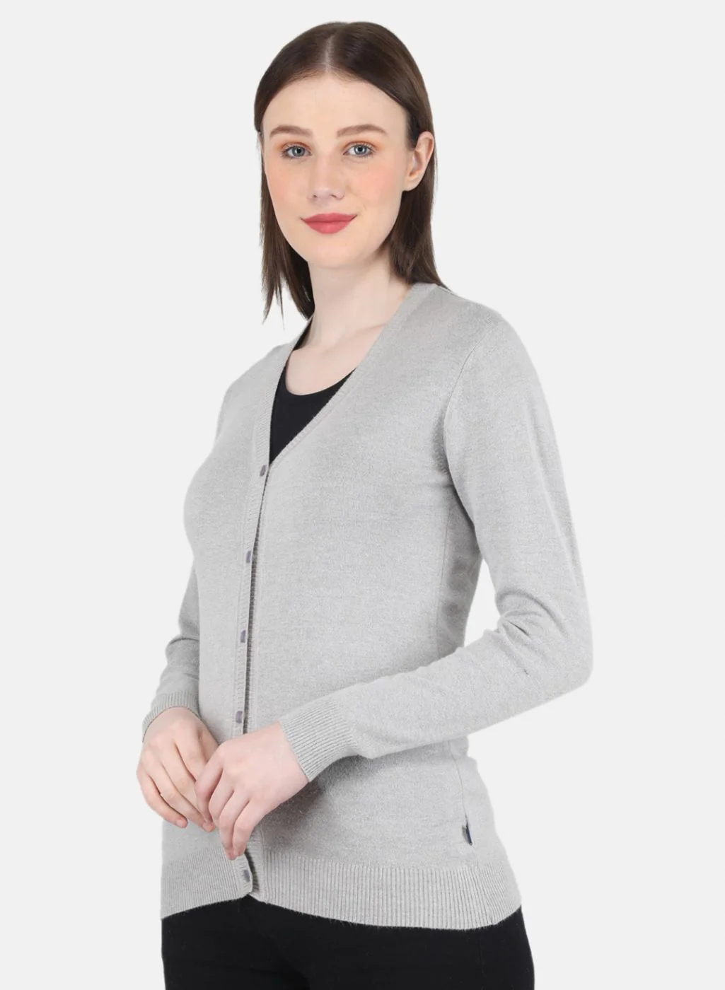 Women Grey Self Design Cardigan - Image 2