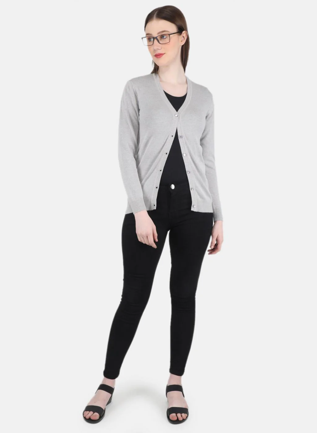 Women Grey Self Design Cardigan - Image 4