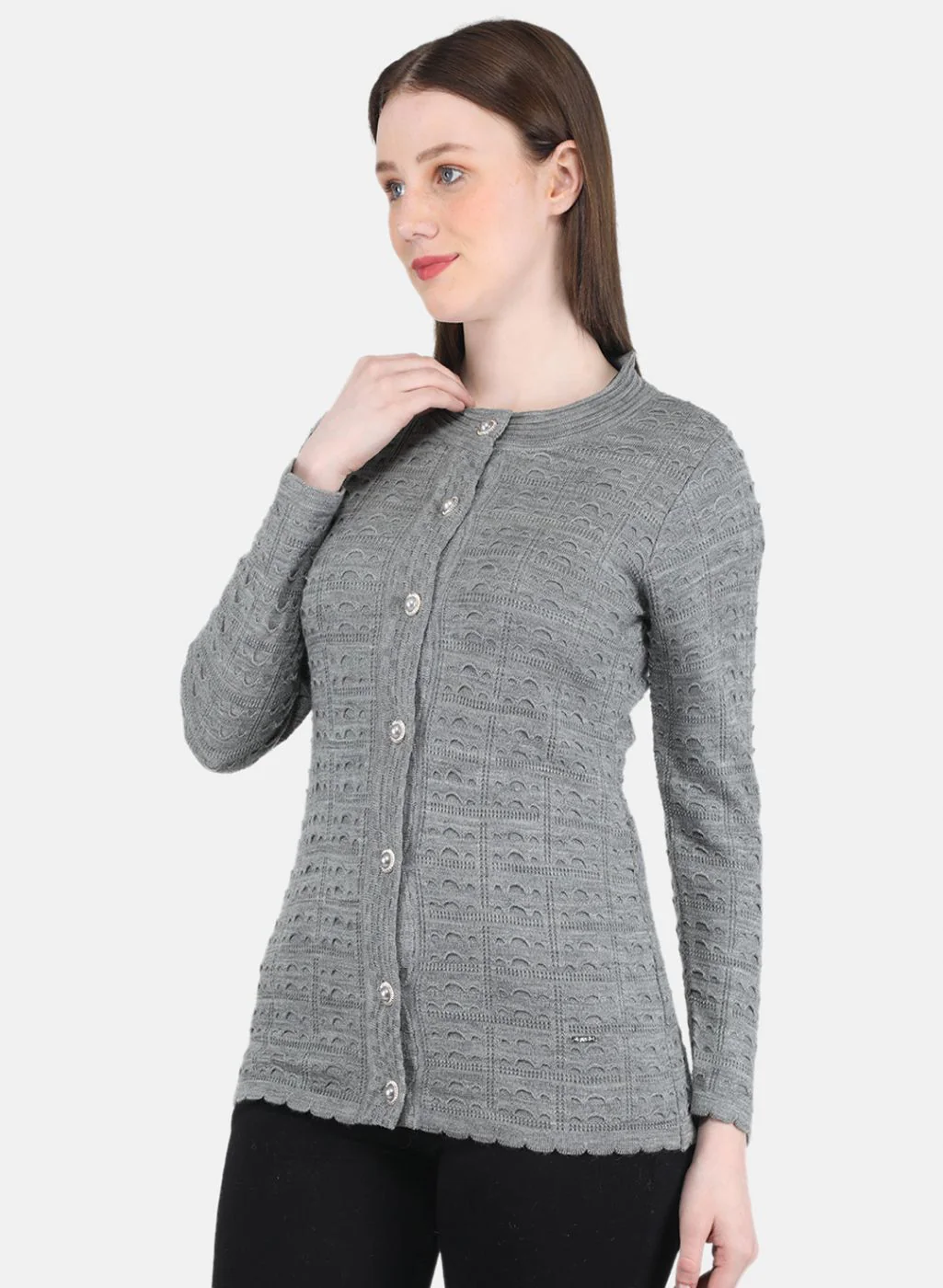 Women Grey Self Design Cardigan - Image 2