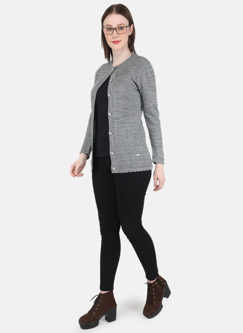 Women Grey Self Design Cardigan - Image 4