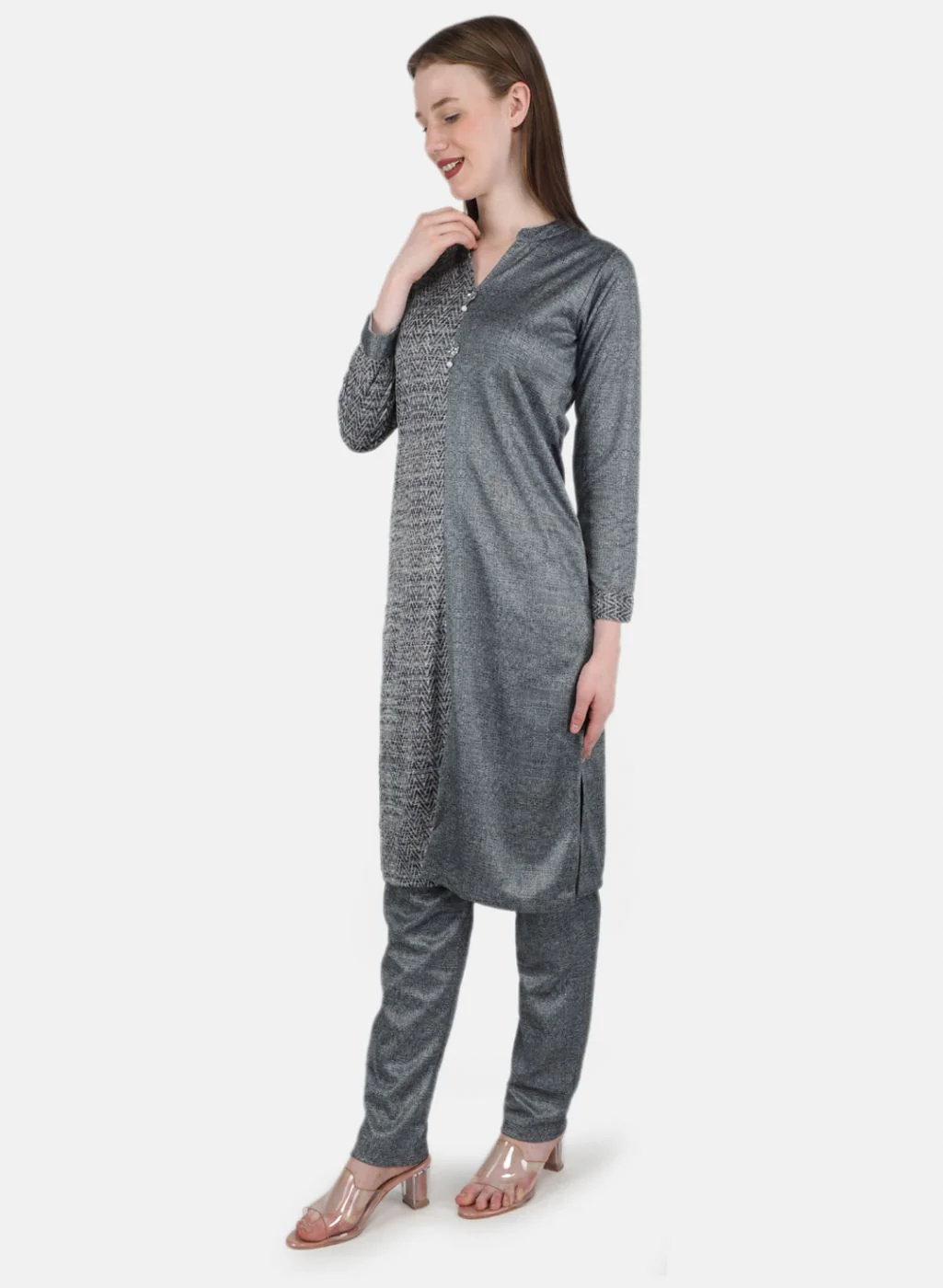 Women Grey Self Design Kurti+Lower Set - Image 2