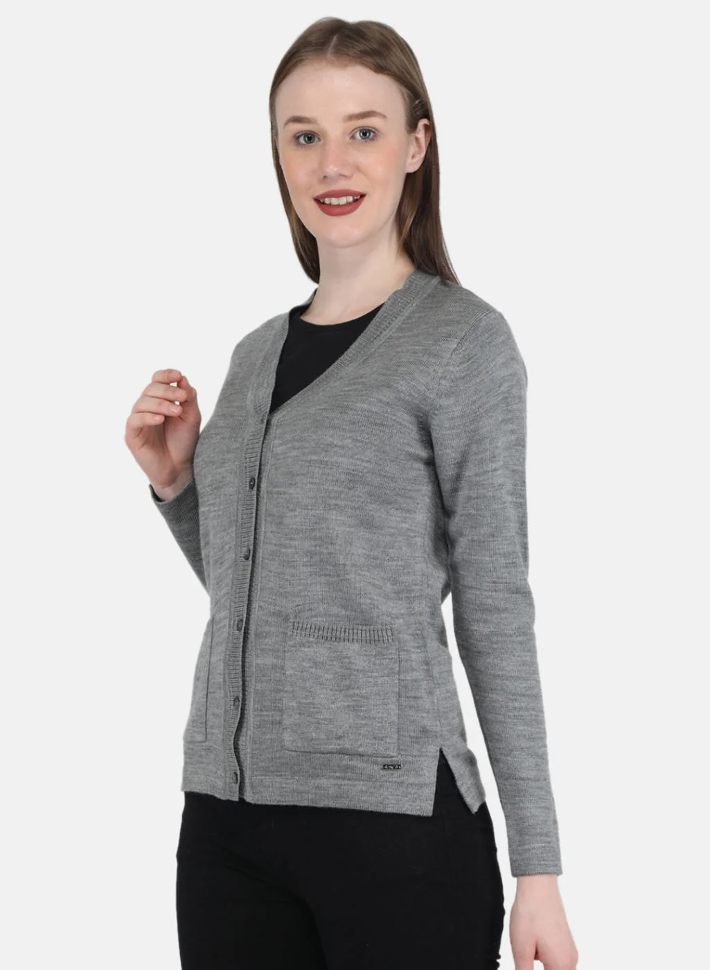 Women Grey Solid Cardigan - Image 2