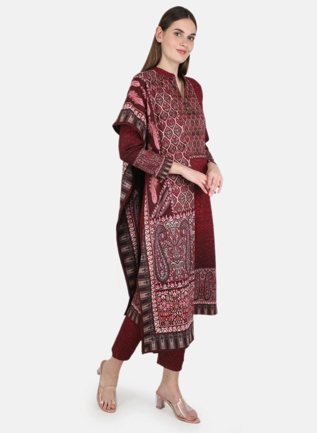 Women Maroon 3 Pc set (Kurti+Stole+Lower) for Winter - Image 7