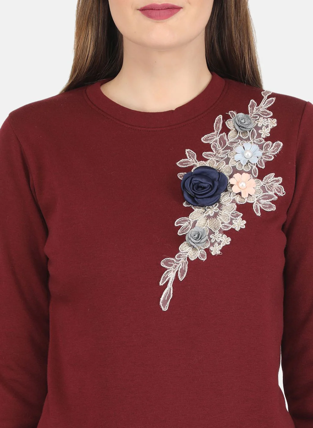 Women Maroon Embroidered Sweatshirt - Image 5