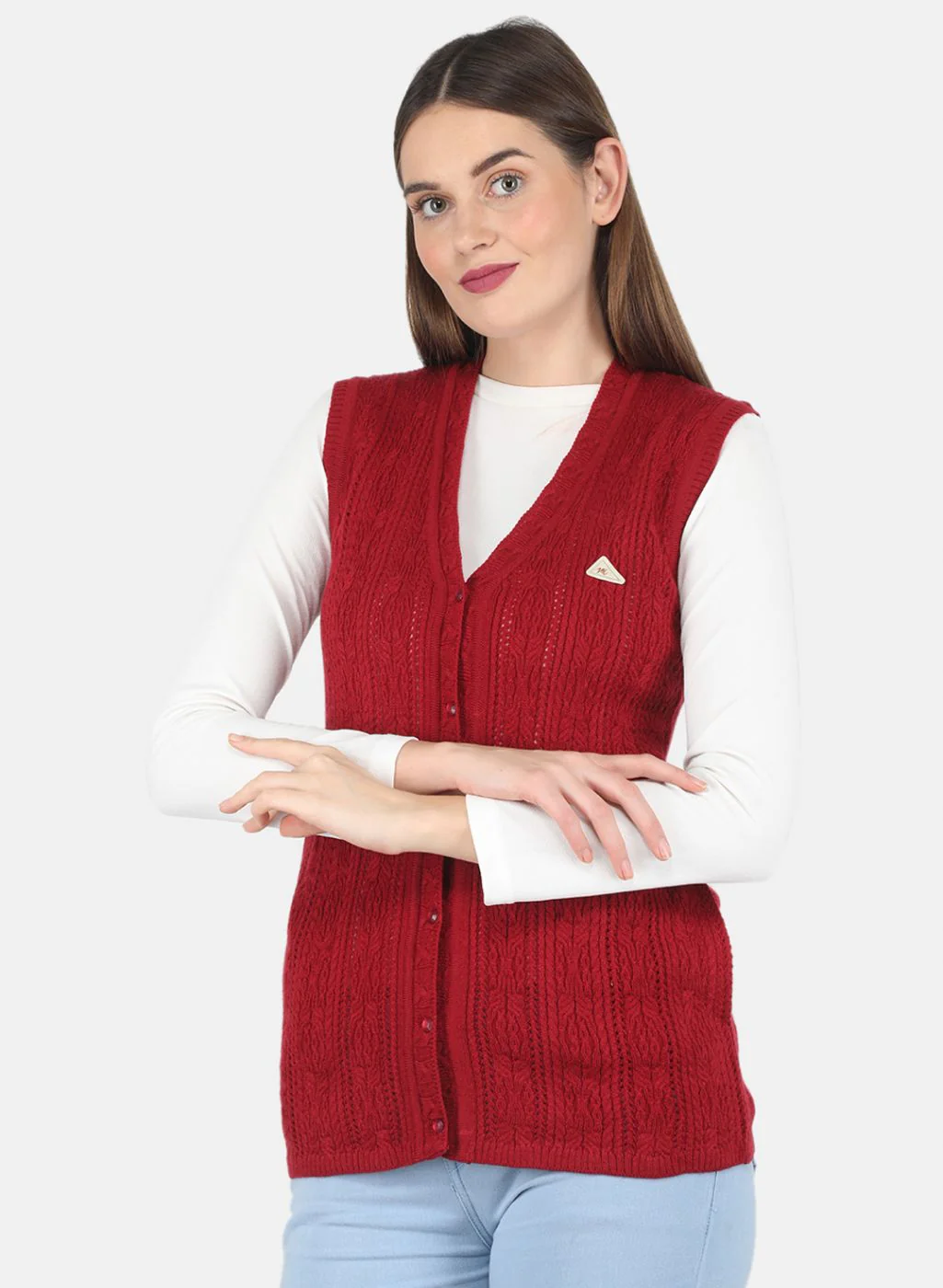 Women Maroon Self design Cardigan - Image 2