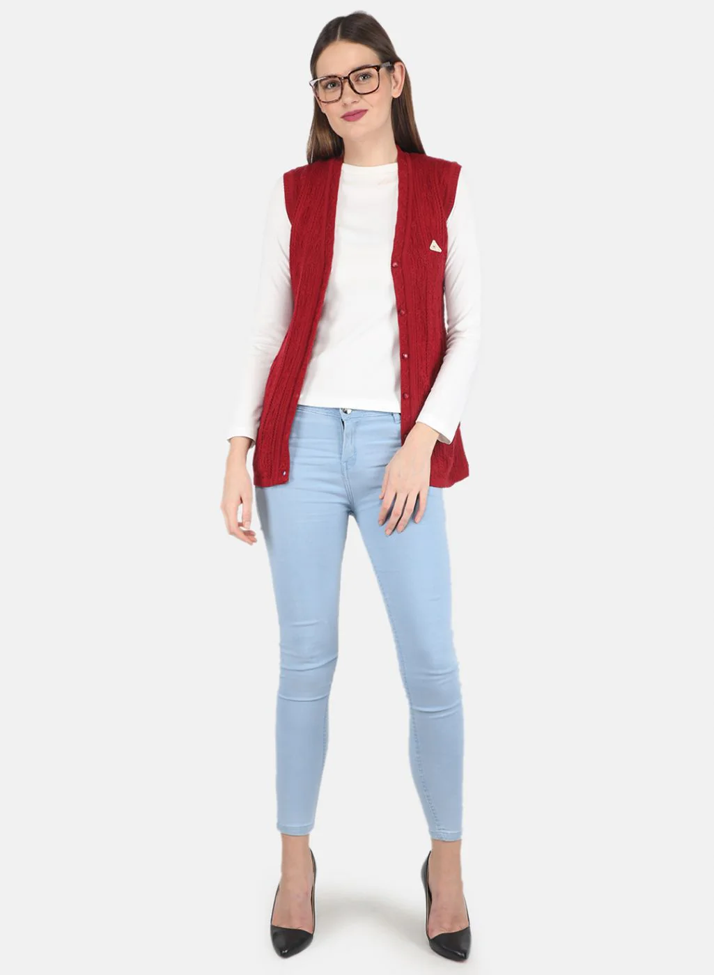 Women Maroon Self design Cardigan - Image 4