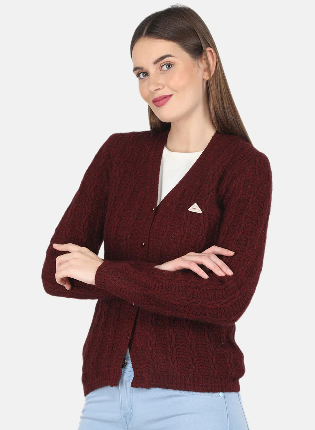 Women Maroon Self design Cardigan - Image 2