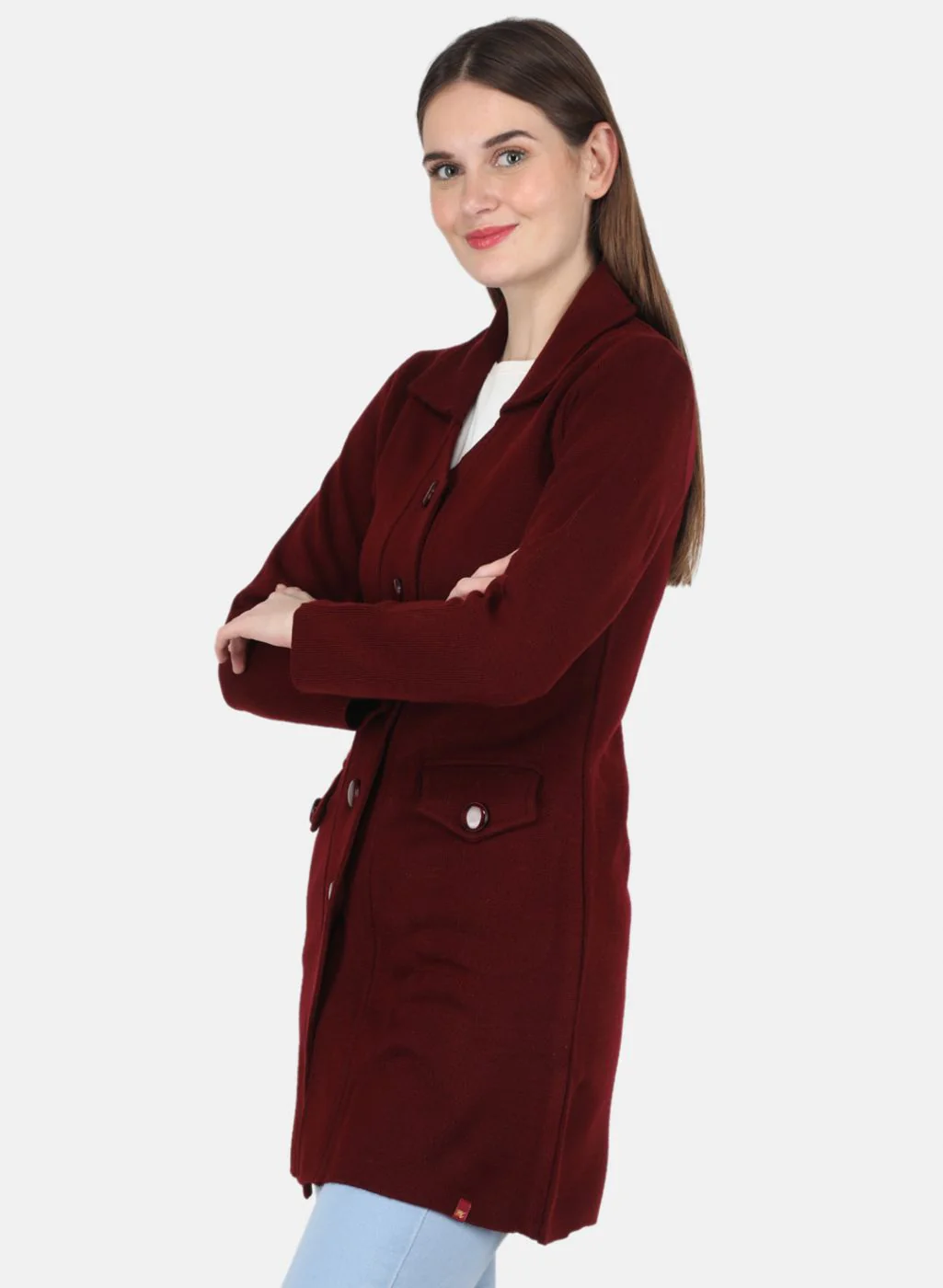 Women Maroon Self design Coat - Image 2