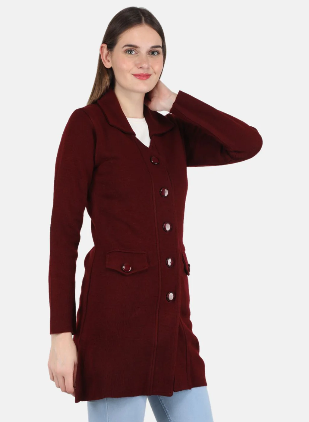 Women Maroon Self design Coat - Image 6