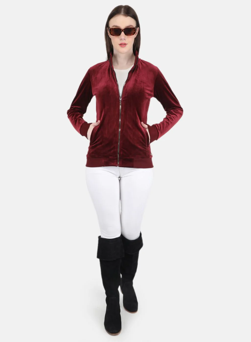 Women Maroon Self Design Sweatshirt - Image 4