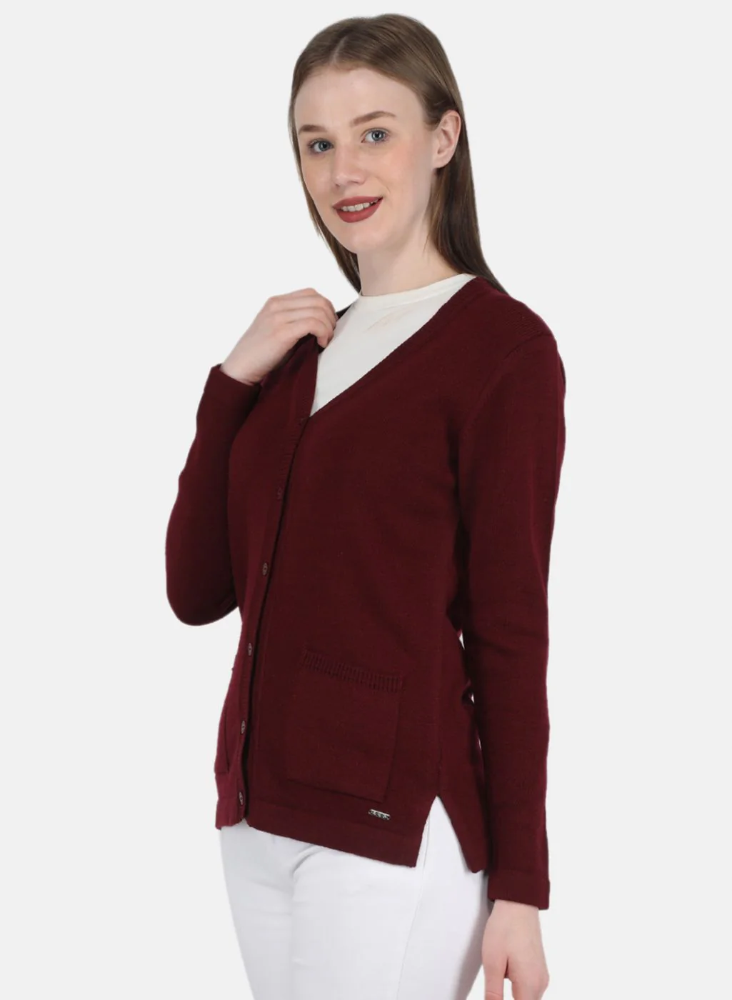 Women Maroon Solid Cardigan - Image 2