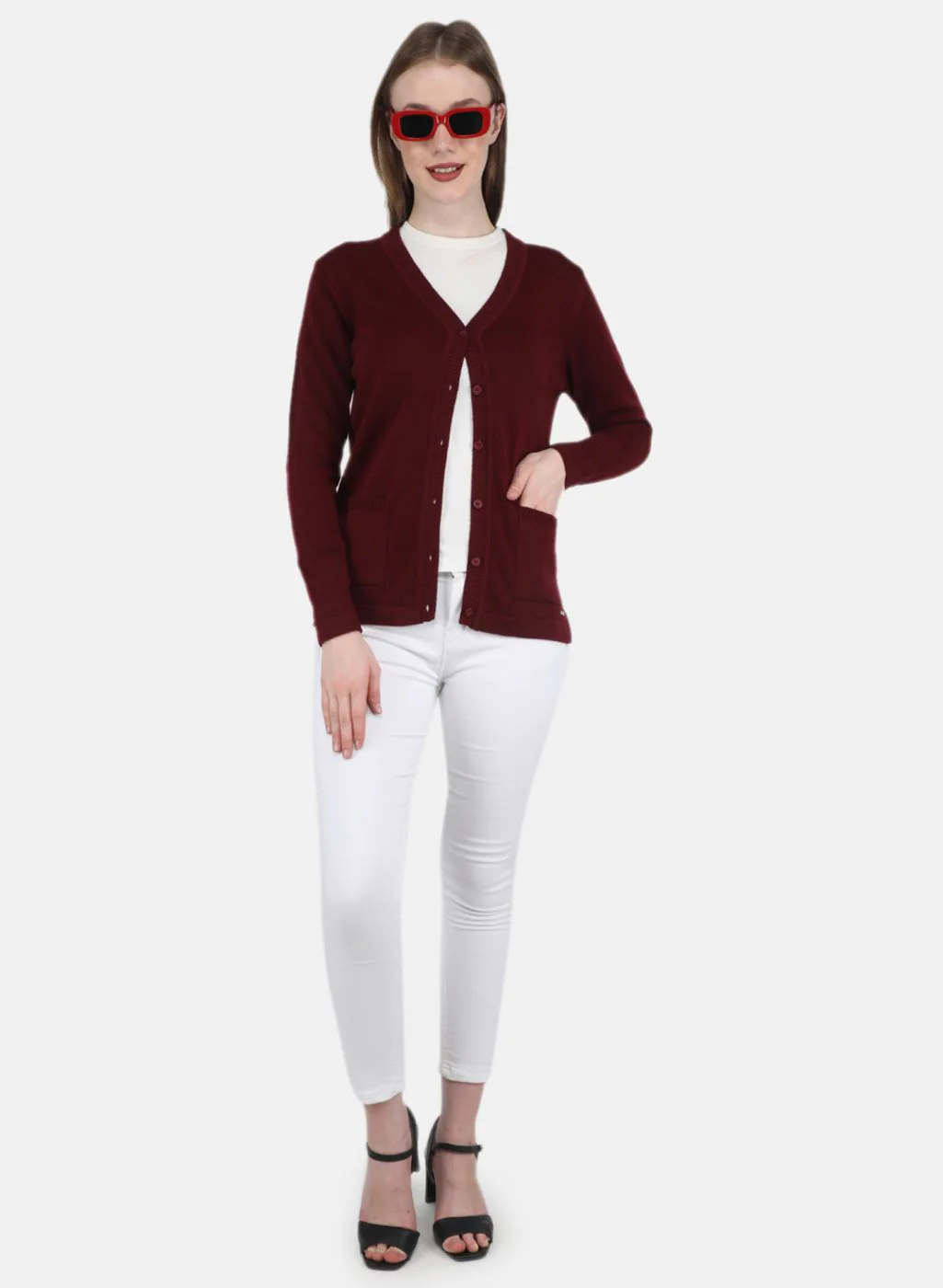 Women Maroon Solid Cardigan - Image 4